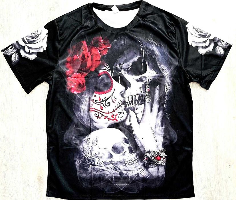 Tricou Gothic Romantic XXL – Cranii & Trandafiri Față/Verso, Nou