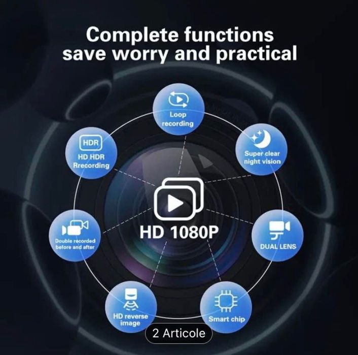 Cameră de bord HD cu 2 camere și card de 64GB cadou