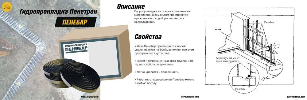 Пенебар Гидропрокладка Бентонитовый шнур набухающая гидрошпонка