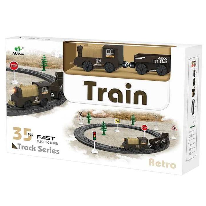 Circuit tren electric cu lumini retro,+3 ani cu accesorii,35 piese,nou