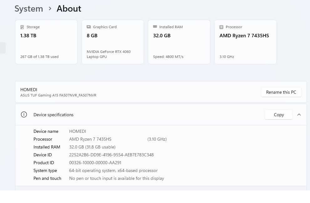 Laptop ASUS A15 FA507NVR AMD Ryzen 7 7435HS, 32gb DDR5, 1.5TB SSD, RTX 4060 8gb 140W 144hz