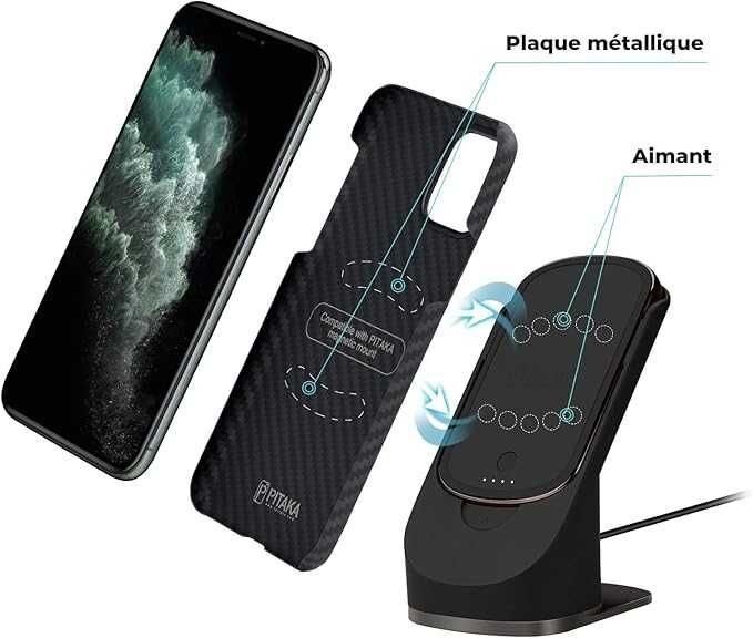 Statie de incarcare PITAKA, Set cu husa compatibila cu iPhone 11 Pro