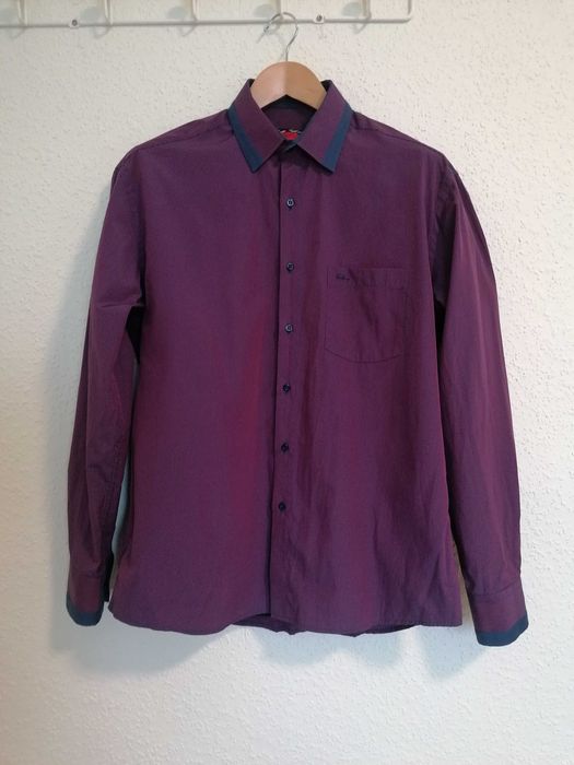 Красива мъжка риза Piere тънко райе тъмночервено и синьо