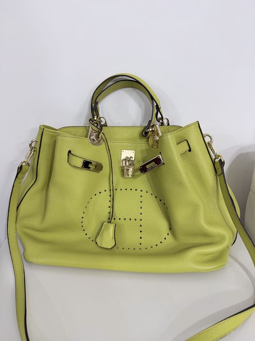 Geantă piele naturală verde lime, model Hermès Evelyne/Birkin, cu bareta