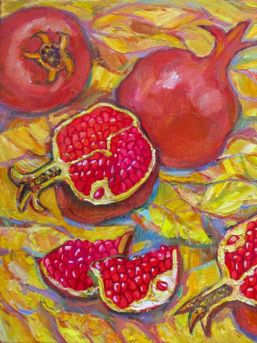 Картина "Гранаты в желтых листьях" 100х60см. Холст масло.