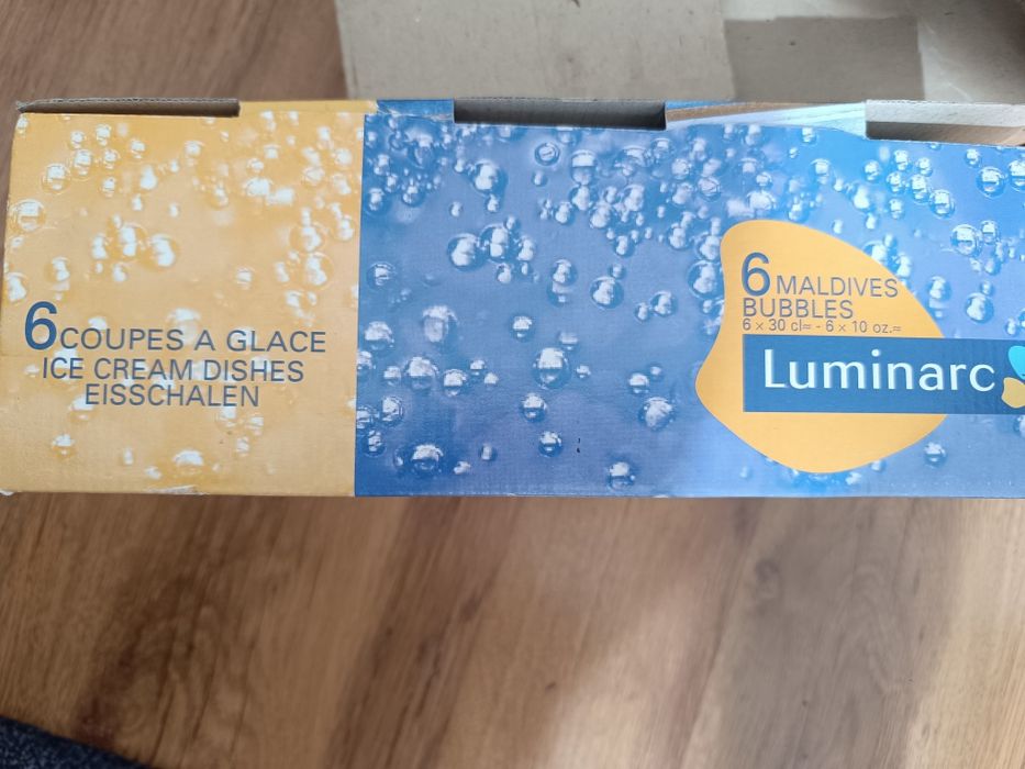 ЧИСТО НОВ комплект 6 бр. чаши за сладолед Luminarc + ПОДАРЪК лъжички