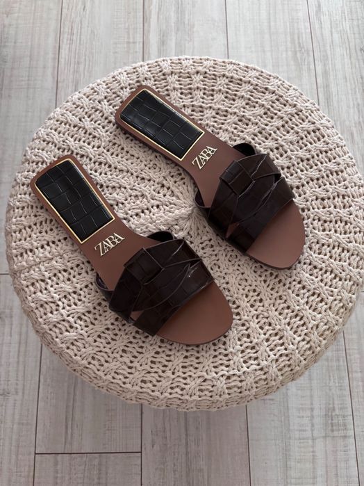 Стилни чехли ZARA в шоколадово кафяво