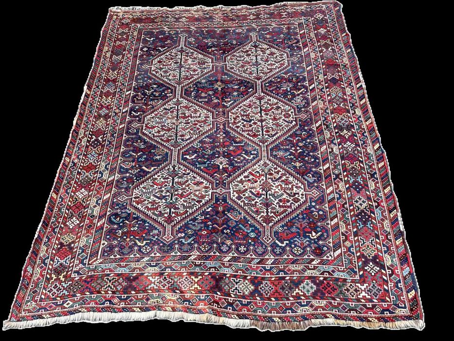 covor persan iranian antic vechi tribal Khamseh pasari mare 248x188 cm