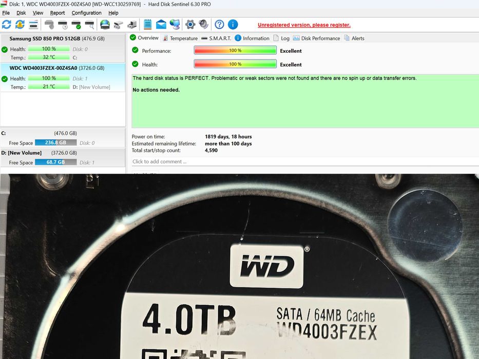 HDD 4TB Western Digital Black (WD4003FZEX) – SATA – 100% Health