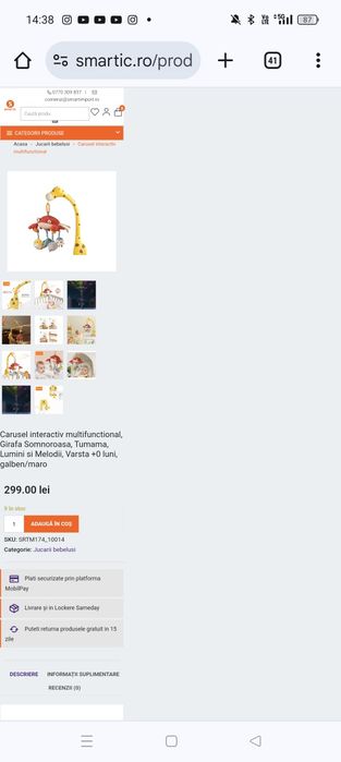 Carusel interactiv Girafa somnoroasă, stare impecabilă