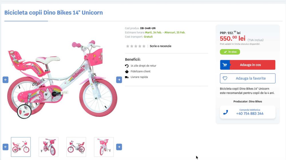 Vand bicicleta pentru copii 2 - 6 ani cu roti ajutatoare - roz fete