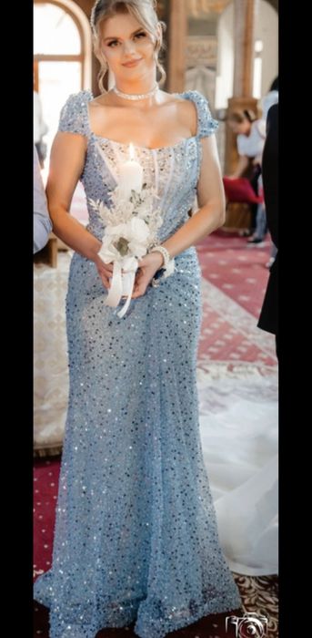 Rochie albastra tip bijuterie de nasa/ de ocazie cu corset si margele