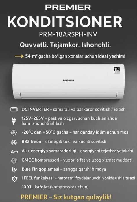 Konditsioner 18 premier GARANTIYA 10 yil Aksiya 30%