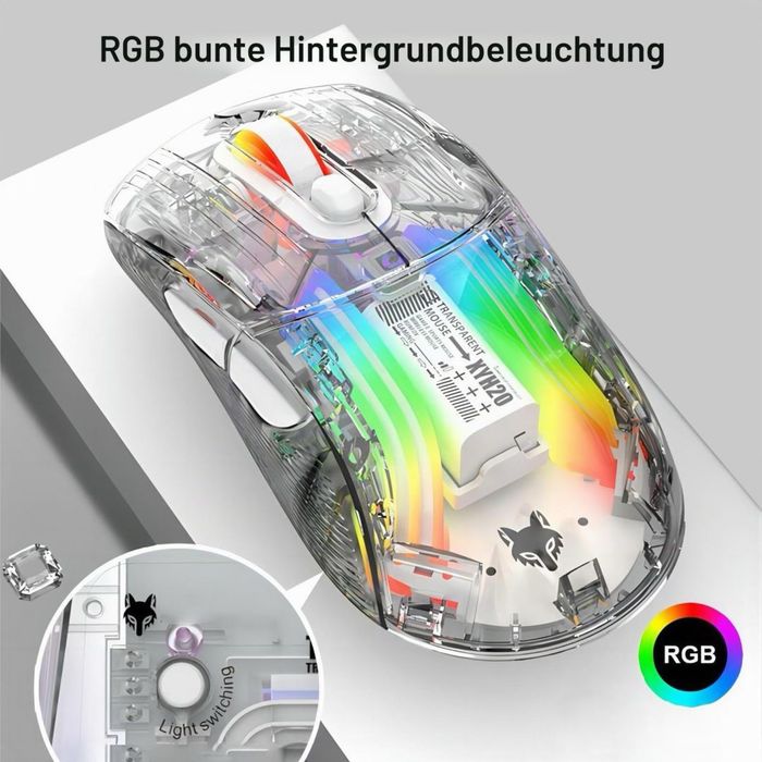 Mouse Gaming Wireless Transparent RGB, 500 mAh, Bluetooth, 2.4 GHz, USB-C