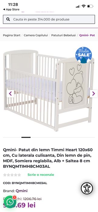 Patut bebe lemn masiv+saltea cocos