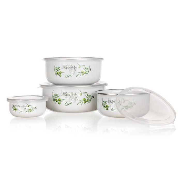 Oale emailate la set :8 piese(4 oale + 4 capace)600ml,900ml,1300ml,noi