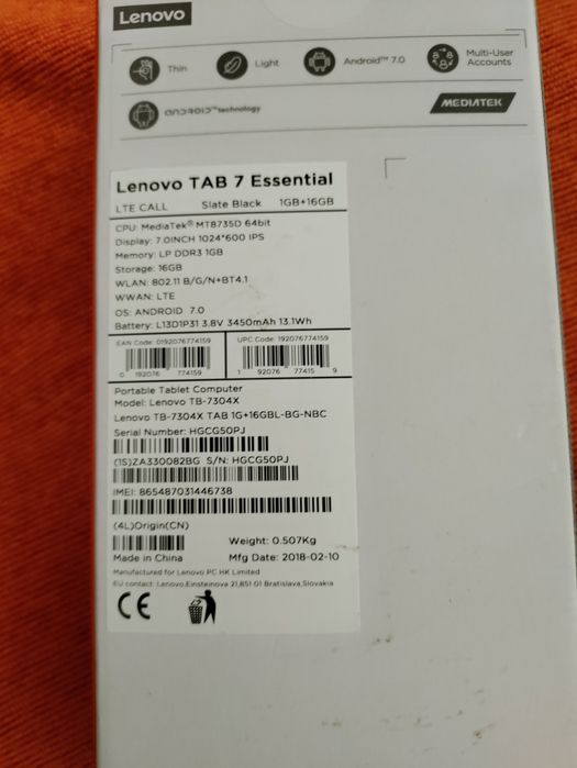 Таблет Lenovo Tab7 със слот за сим карта за мобилен интернет