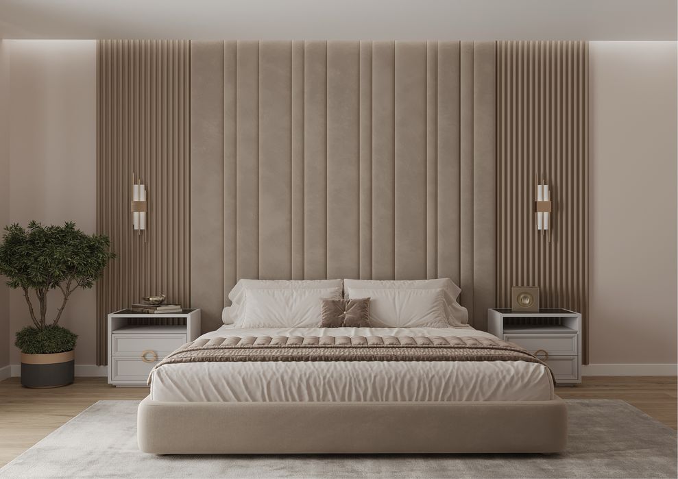 Кровать интерьерная с мягким изголовьем.