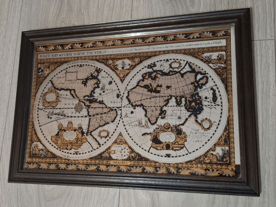 Tablou decorativ pe sticlă/oglindă – Hartă veche a lumii, ramă din lem
