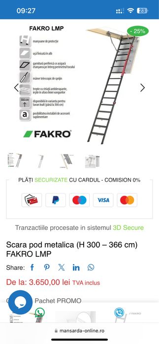 Scara pod mansarda FAKRO LMP inaltime 366 cm/3.66 m, izolatie 3cm