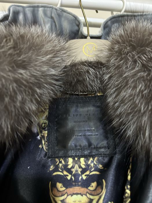 Geacă piele Philipp Plein Homme (Limited Edition) cu guler din blană naturală – Nouă cu etichetă