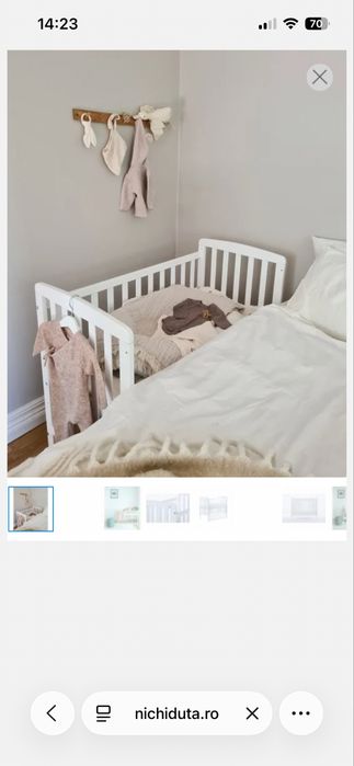 Patut bebe din lemn masiv bedside Alice alb + saltea comfort 100x50 cm