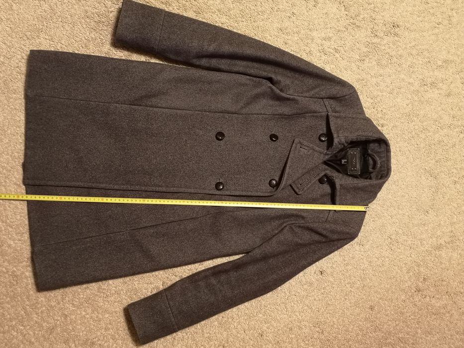 Palton Mango gri lână 62%, model drept, două rânduri nasturi, mărime M