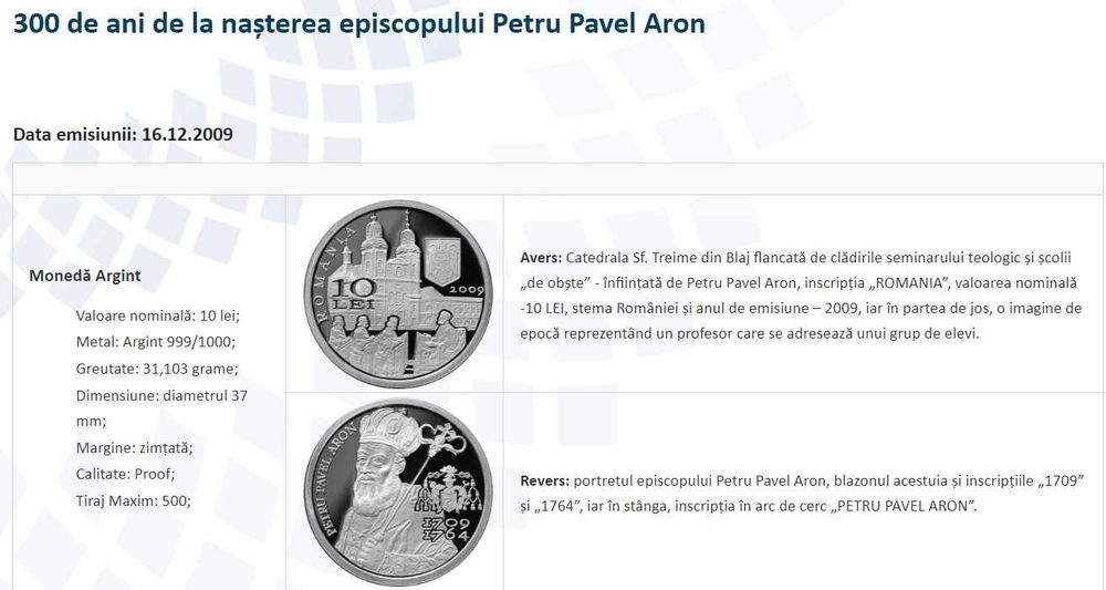 Moneda BNR 10 lei argint episcopul Petru Pavel Aron gradata NGC PF 69