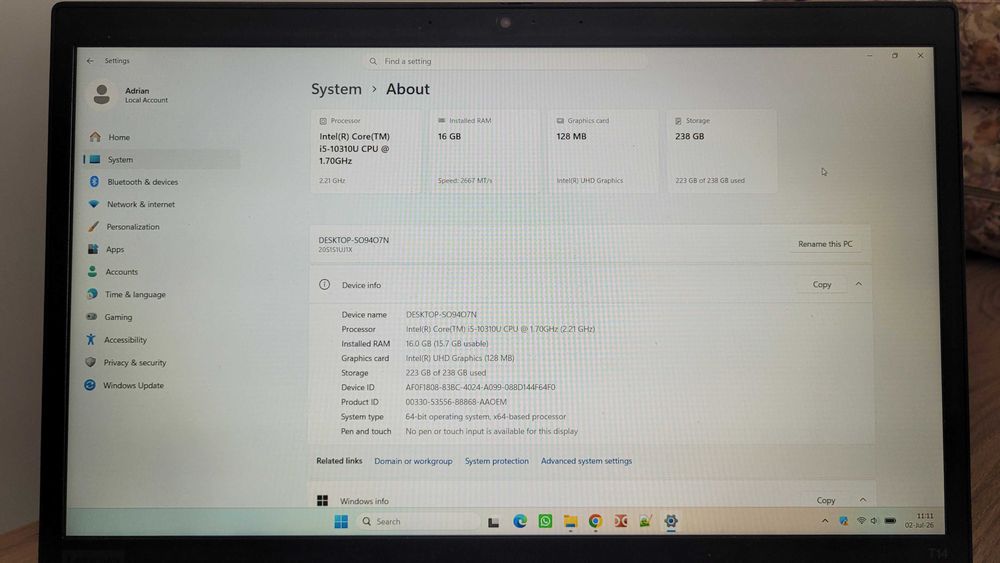 Laptop Lenovo ThinkPad T14 Gen 1 Intel i5-10310U 16GB RAM 256GB SSD