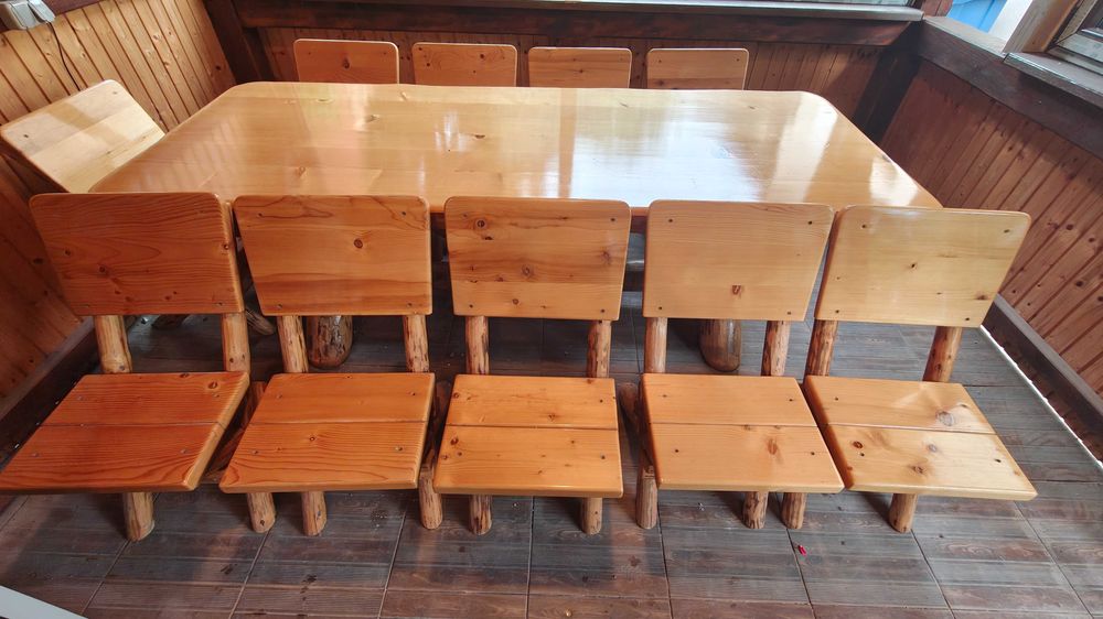 Set Rustic Foișor / Terasă – Masă Lemn Masiv 245x100 cm + 10 Scaune (Stare impecabilă)
