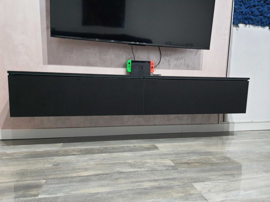 Set Living Comoda TV 180cm + 2 etajere 60cm, Negru, lumini albastre