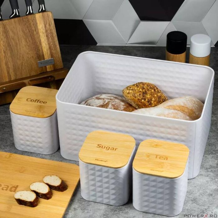 Cutie pentru paine si recipiente pentru ceai, cafea si zahar, din otel