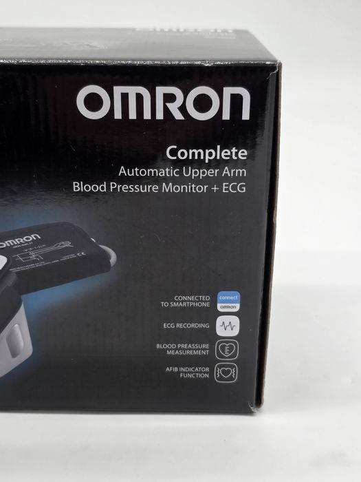 Tensiometru automat de brat cu ECG Omron Complete, cu afisaj si Bluetooth, masurarea tensiunii arteriale si a pulsului, Alb/Gri, produs NOU, intact