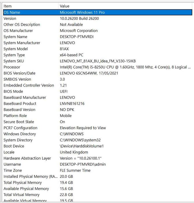 Лаптоп Lenovo V330-15IKB i5-8250U 20GB 256GB SSD NVME 15.6"FHD Windows 11 PRO