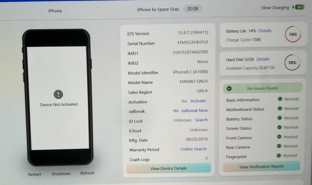 iPhone 6s 32GB Space Gray A1688 iOS 15.8.7 neactivat pentru piese