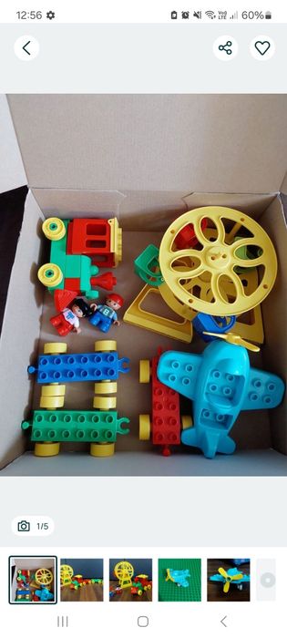Set trenuleț Lego Duplo cu 2 copii + roată și elicopter