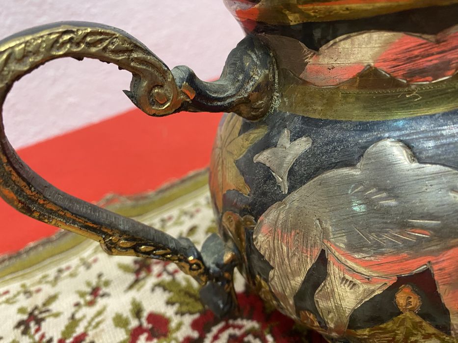 Месингов чайник Близък изток 1950 1970 ръчна украса птици