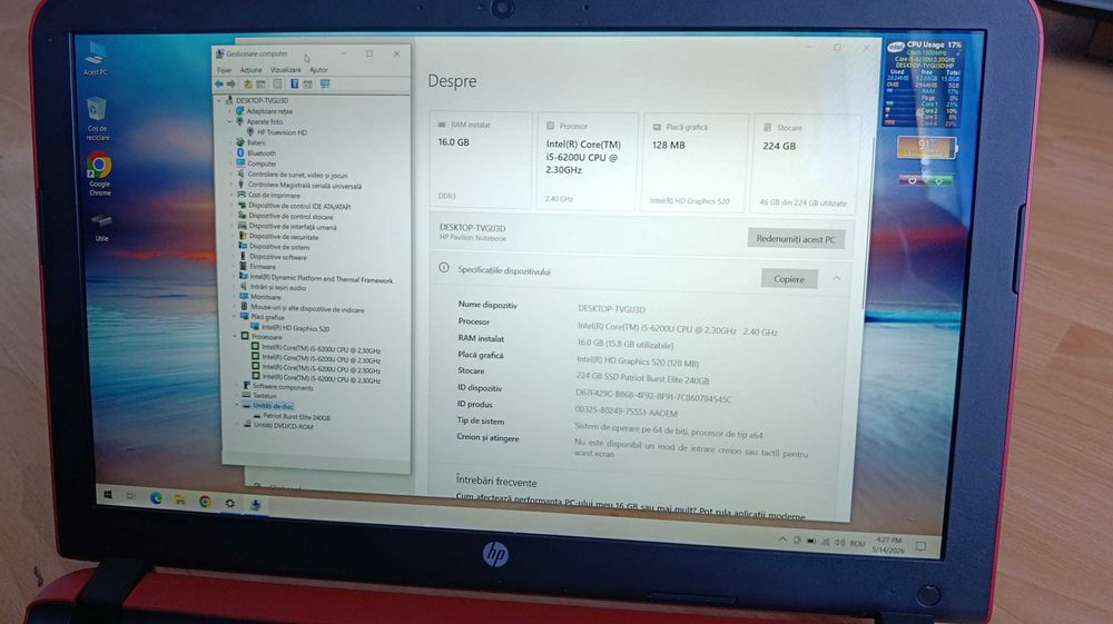 HP 15.6'' FullHD Core I5, 16GB RAM, SSD 240GB, HD520 1GB, baterie noua