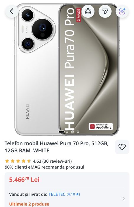 Telefon mobil Huawei Pura 70 Pro, 512GB, 12GB RAM