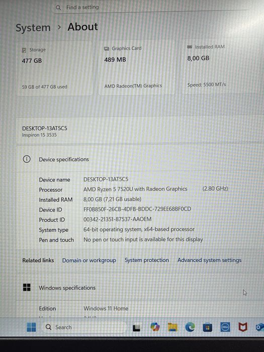 Laptop Dell Inspiron 15 3535, 15,6 inci,  AMD Ryzen 5 7520U, 512Gb SSD