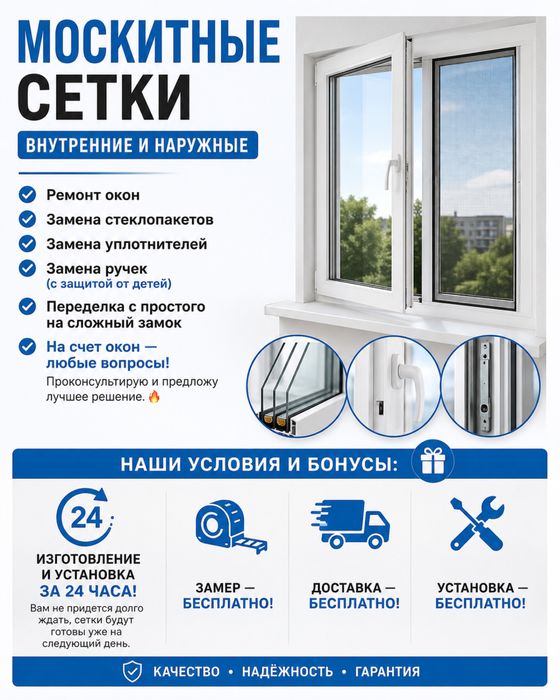 Москитные сетки за 24 часа Ремонт окон