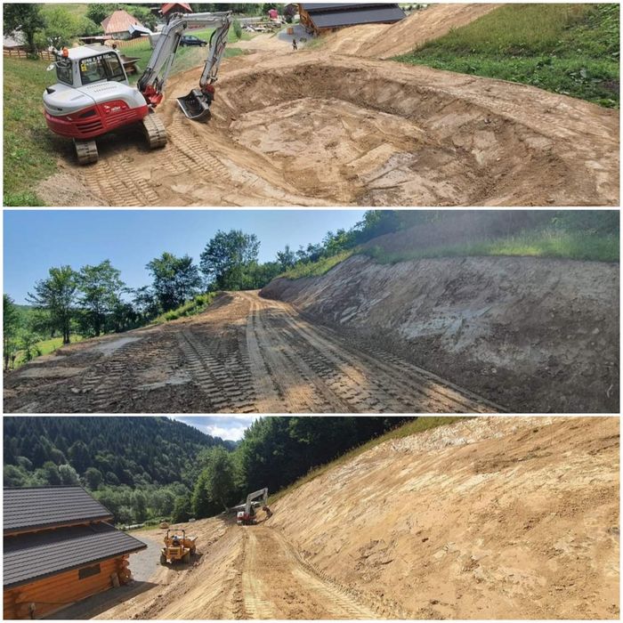 Inchiriez miniexcavator buldozer  buldo-excavator platforma cabana terasament placa beton fundatie