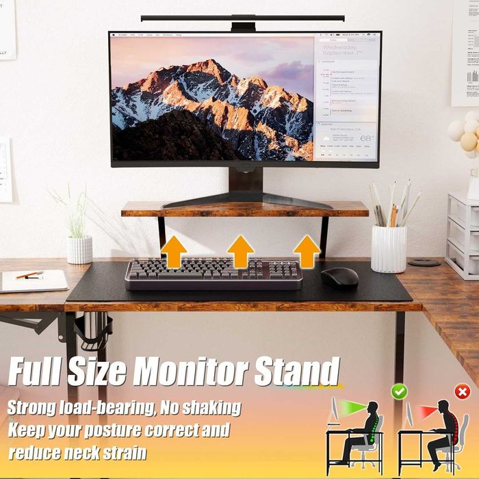 Birou gaming in forma de L, extensibil 120–150 cm, reversibil, cu lumini LED RGB, prize si incarcare USB, culoare maro