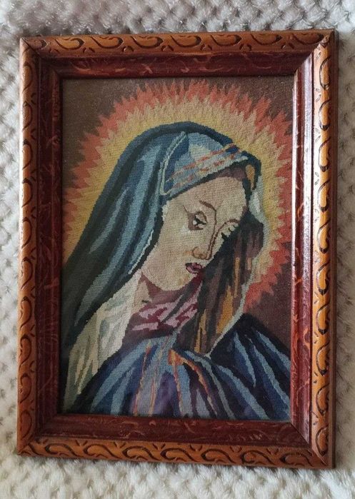 Tablou Goblen Vechi de Colecție „Fecioara Maria” Anii '70 – Punct Foarte Mic (petit point) Ramă Lemn Masiv