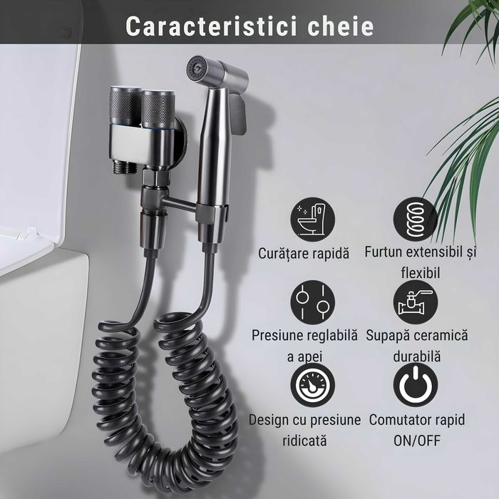 Set Dus Igienic Gri Antracit pentru WC/Bideu – Robinet Dublu Cald/Rece