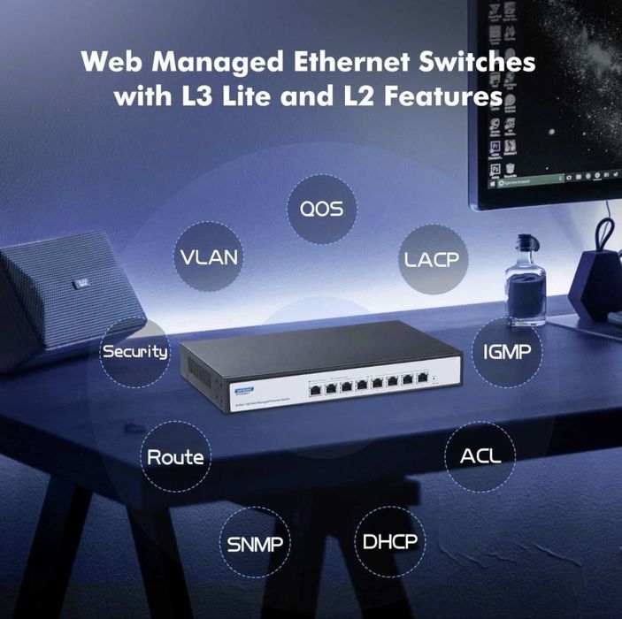 Switch retea 10G YuLinca M10G080GT RJ45 8 port gestionat,negociere automată Ethernet 10G/5G/2.5G/1000M,lățime bandă 160Gbps,suport LACP/QOS/VLAN/IGMP