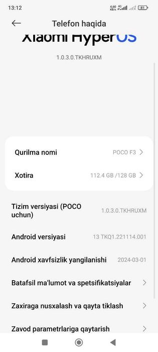 Poco F3 6/128GB holati ideal