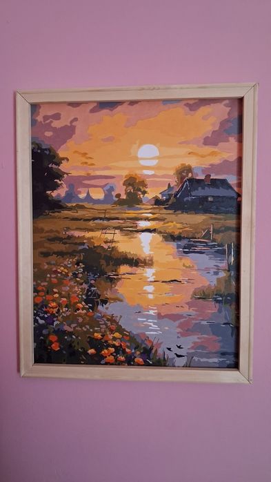 Tablou pictat manual - Apus de soare la țară, 40x50 cm cu ramă lemn