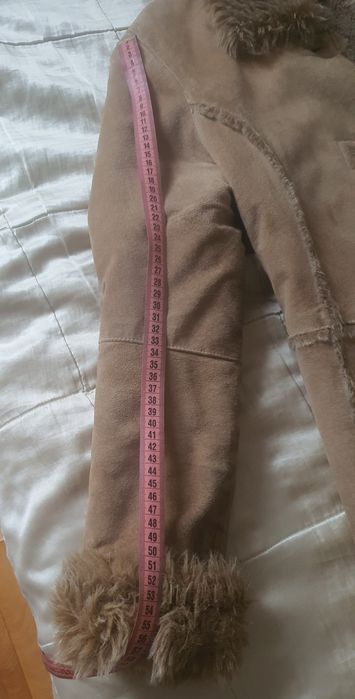 Haină de blană din piele naturala palton damă JFW London M 38 soft suede îmblănit bej lungă de iarnă