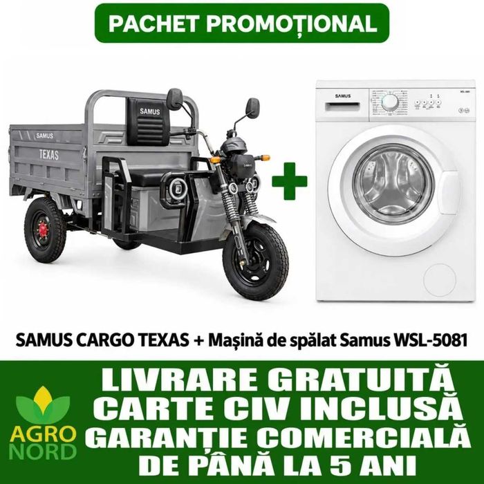Triciclu electric cargo Samus Texas 35 km/h+Mașină de spălat rufe